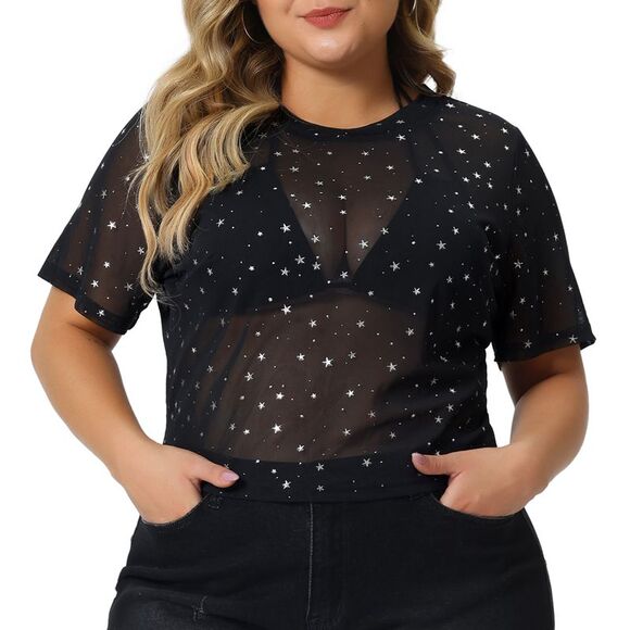 Mesh Top Plus Size Silver Star Print Short Sleeve Sheer Crop Tops Black - Picture 1 of 5